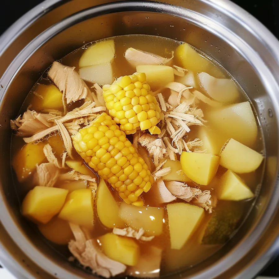 patatas cortadas con caldo de pollo y mazorca