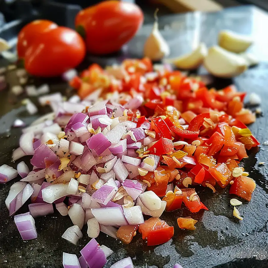 cebolla y pimiento y tomates y ajos picado