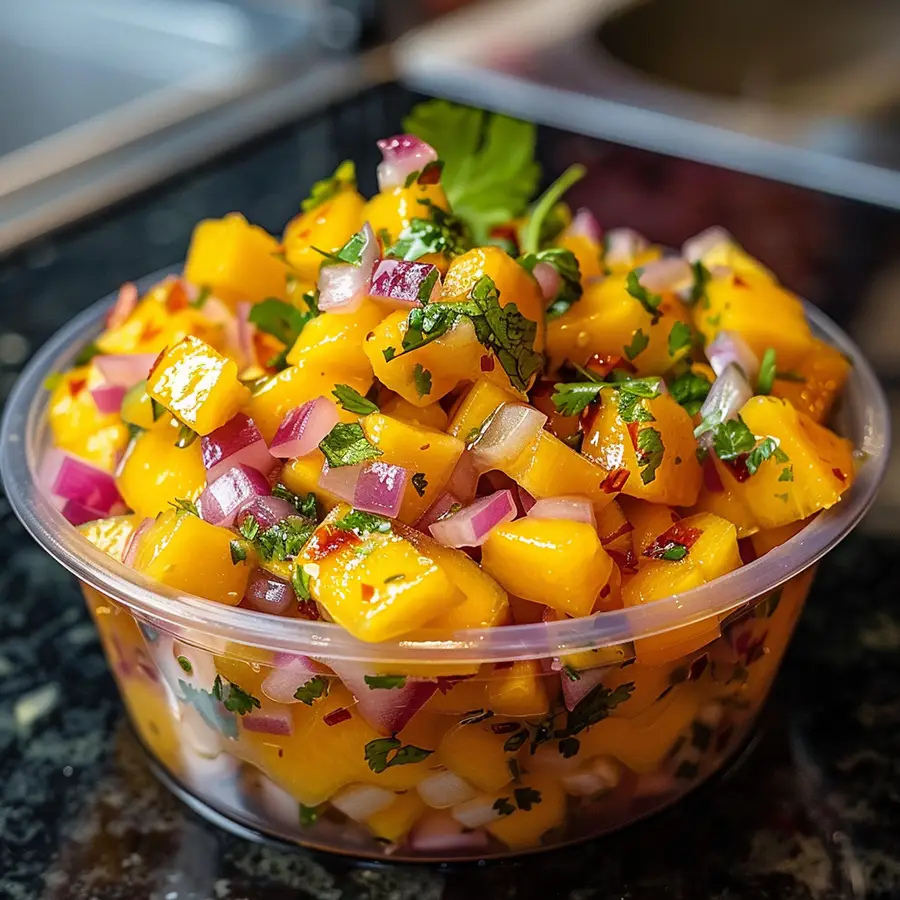 ceviche de mango en bol de plástico