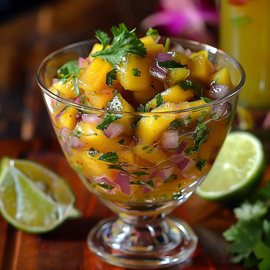 ceviche de mango servido con cilantro y lima