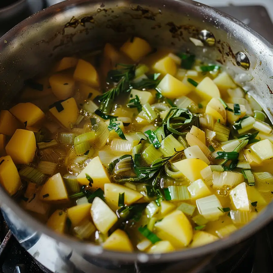 puerros y patatas cocinándose en mantequilla