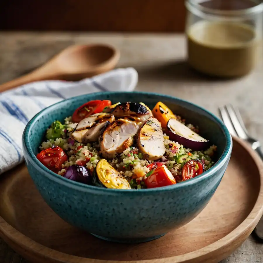 bowl of quinoa salad with grilled chicken and roasted vegetables