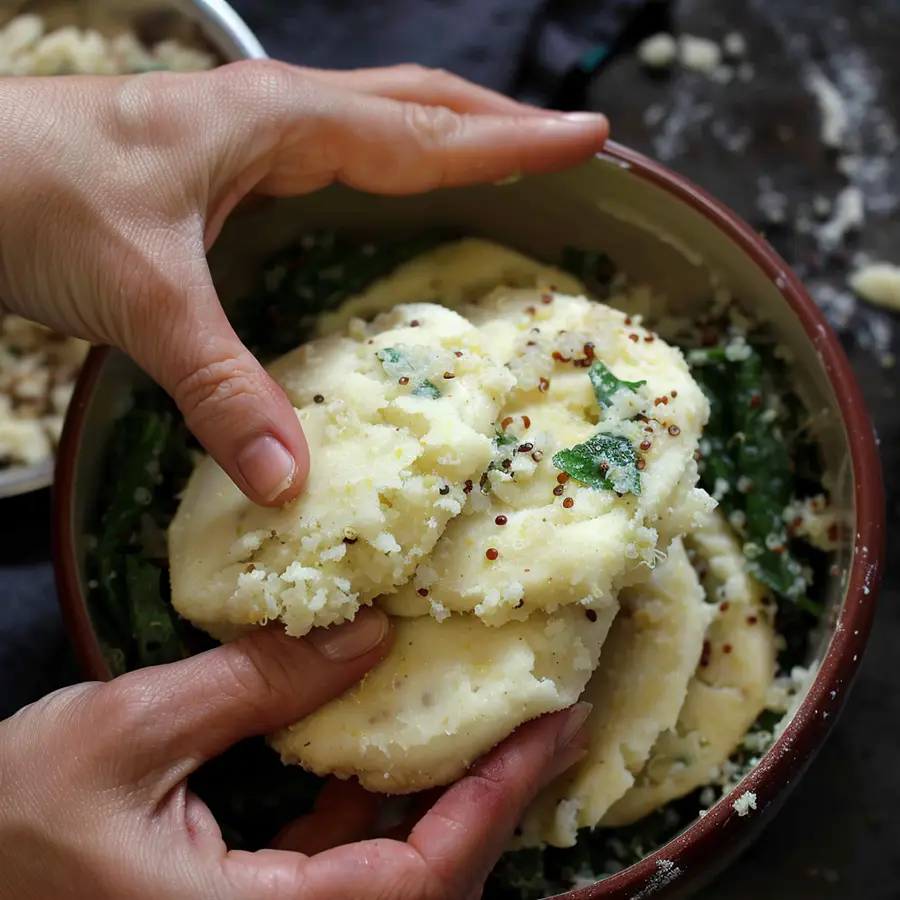 dividiendo masa de las arepas de quinoa y espinacas