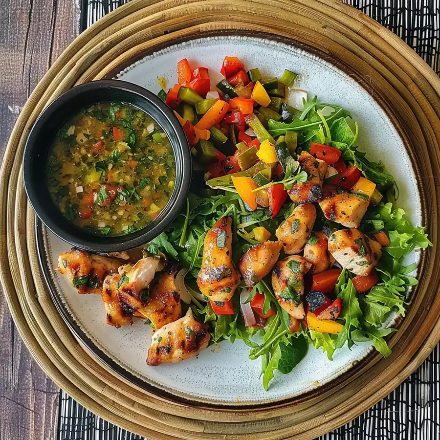 ensalada con pollo y sopa de verduras