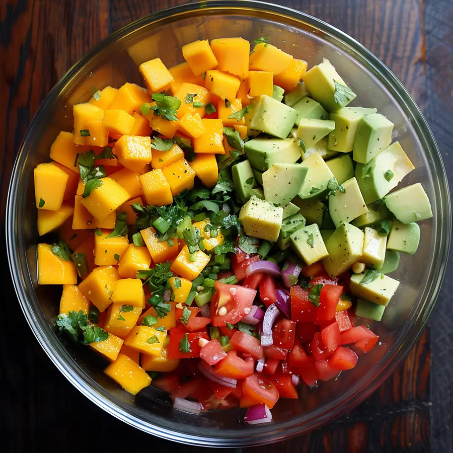 mango aguacate cebolla y tomate cortado en bol