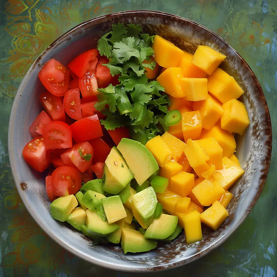 mango aguacate y tomate cortado