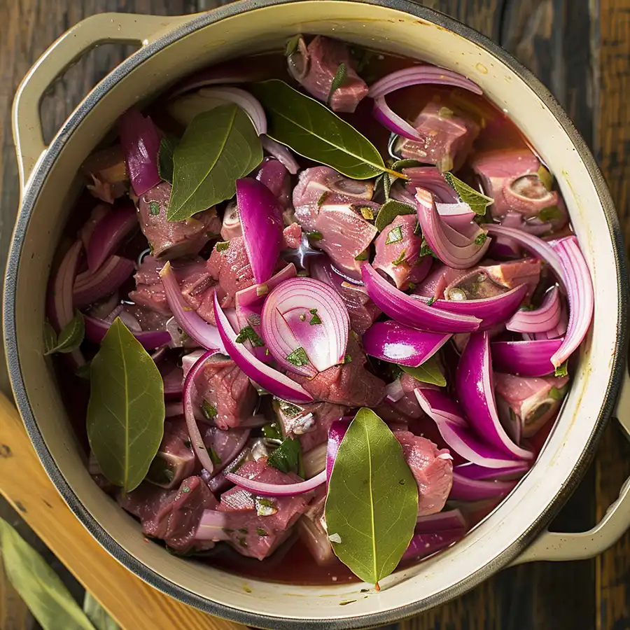 olla con carne y la marinada