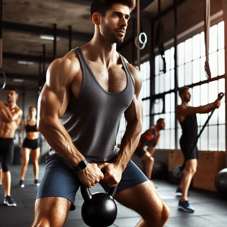 Foto de un hombre deportivo haciendo ejercicio Kettlebell Swing