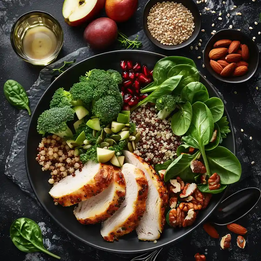 pollo cereales y frutas
