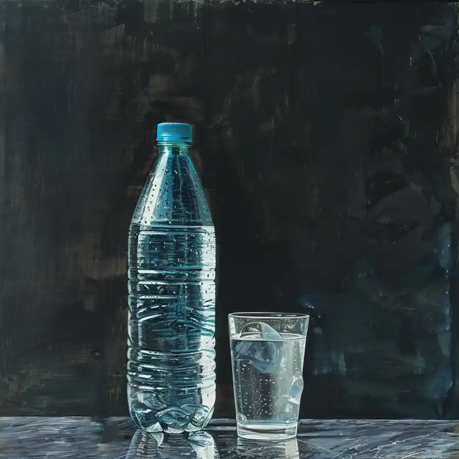 botella de agua juntoa vaso