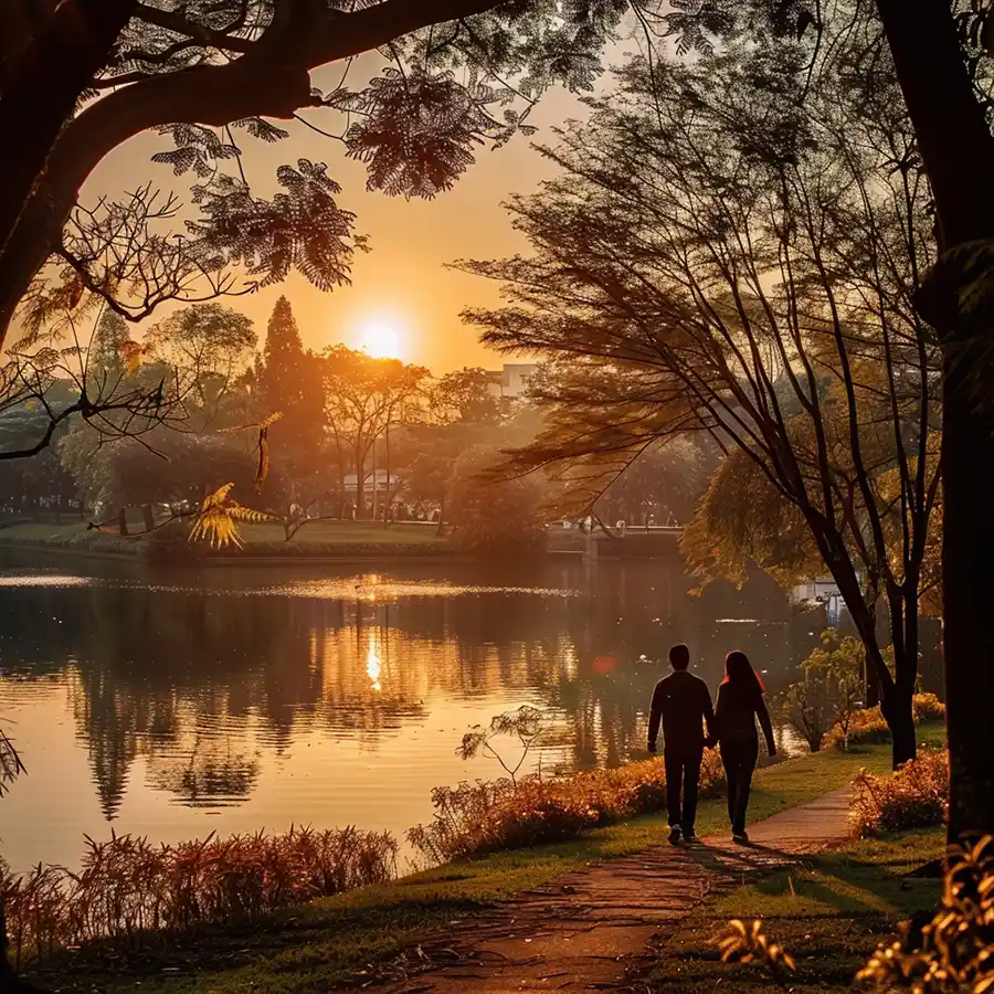 paseo por parque al atardecer