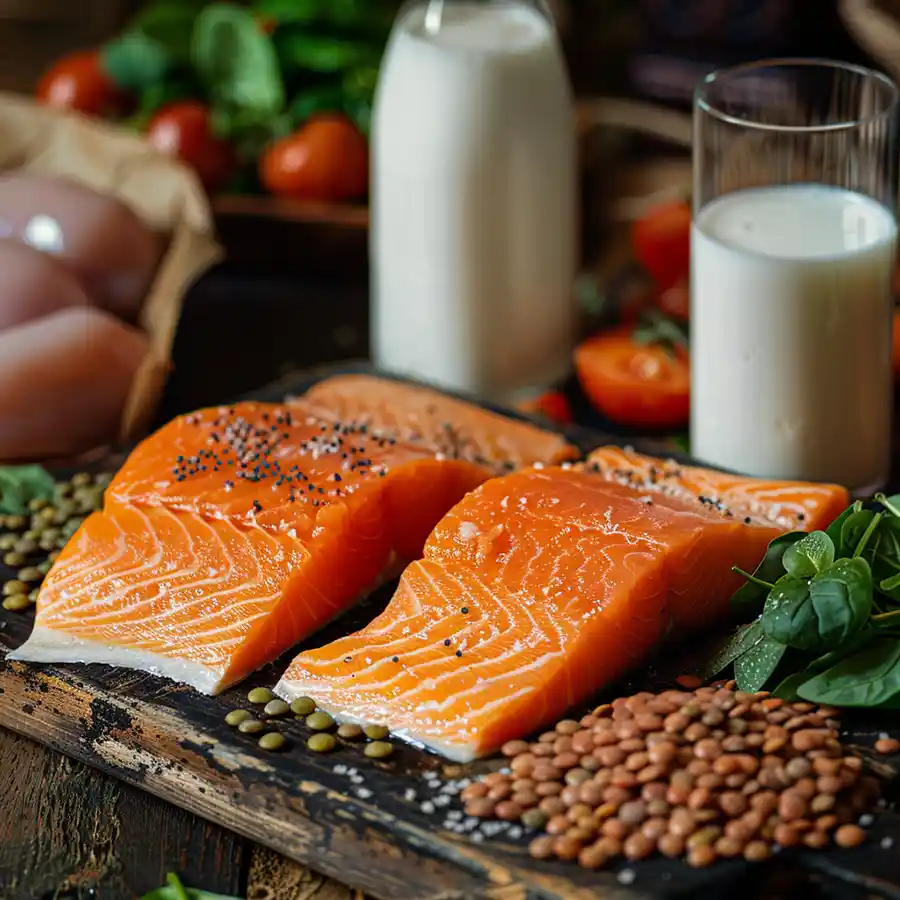 vida saludable pollo salmón y proteínas