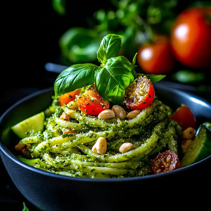 bowl de pasta de calabacín con pasta de pesto