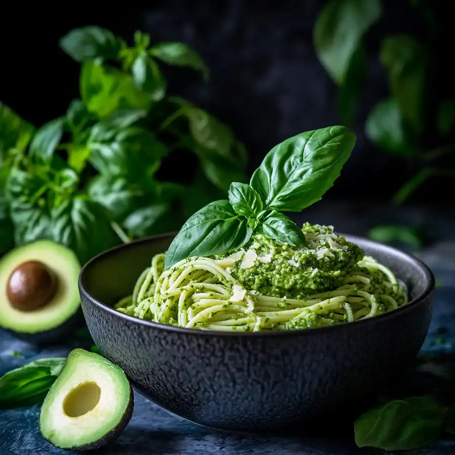 bowl mezclado pasta de pesto con aguacate copia