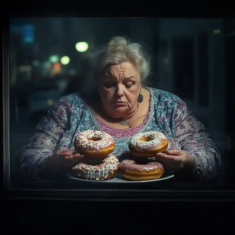 persona obesa comiendo triste